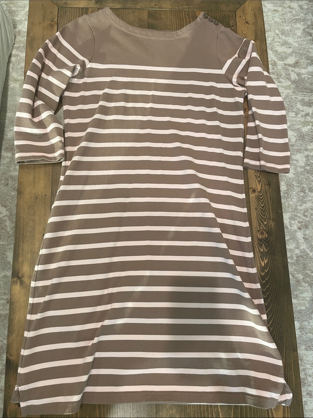 L.L. Bean Taupe and Cream Striped Boatneck Midi Dress
